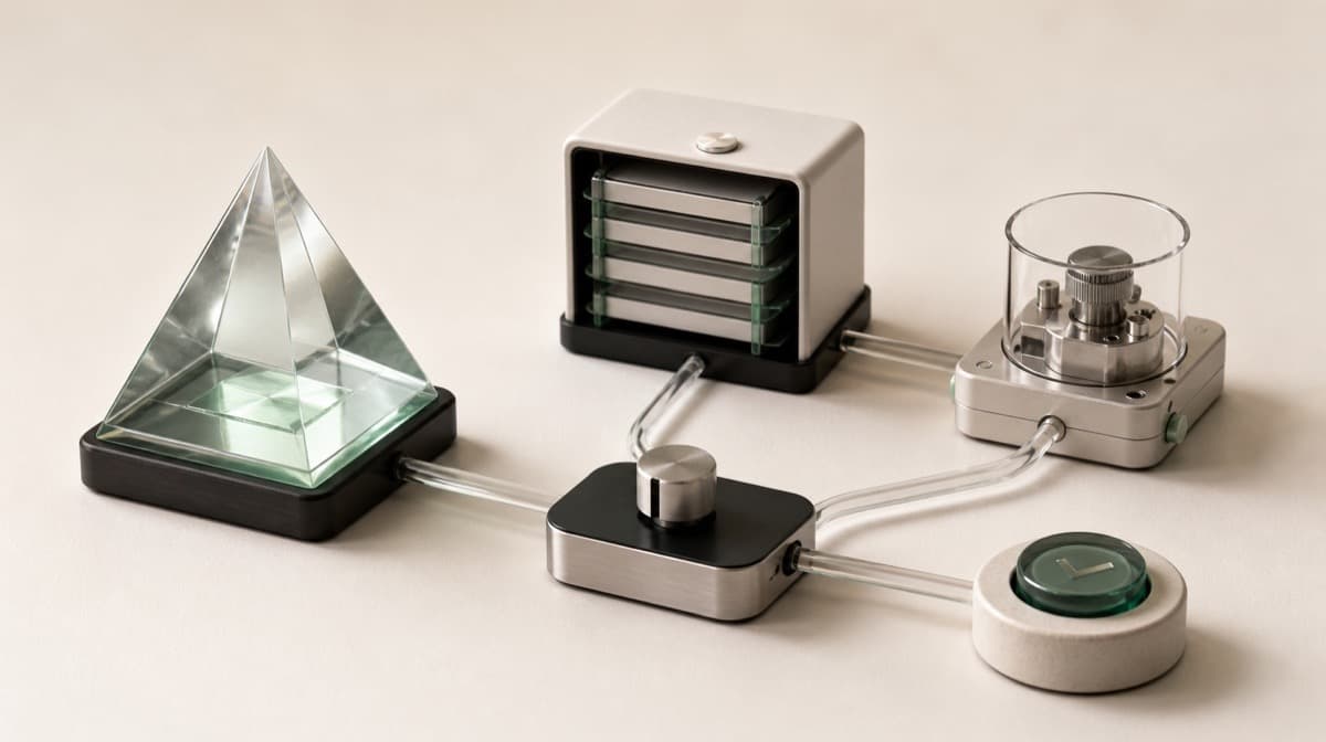 Five connected physical modules represent the model, harness, tools, memory and controls in an AI agent system.