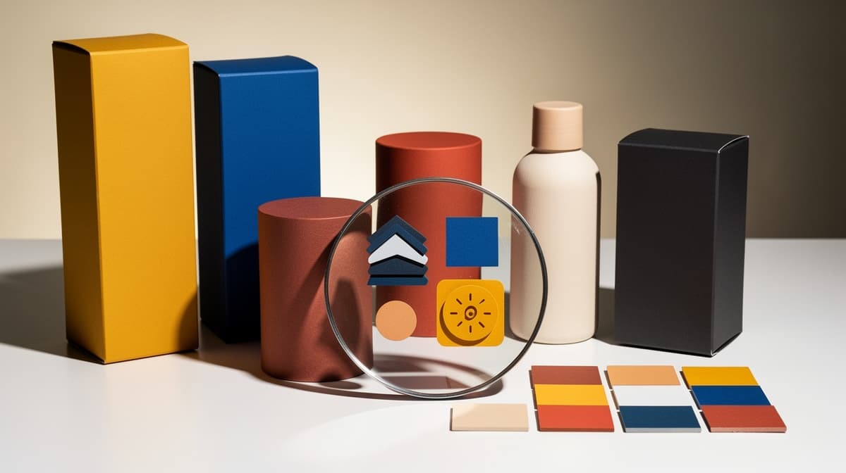 A magnifying lens compares a colorful lineup of generic product packages and material swatches.