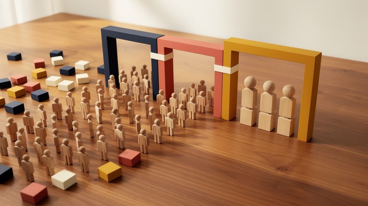 Wooden person figures pass through three filter gates into a small qualified shortlist.