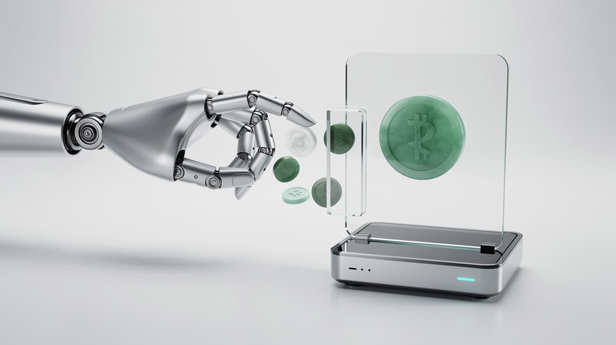A robotic hand meters small units of spending through a bounded control device.