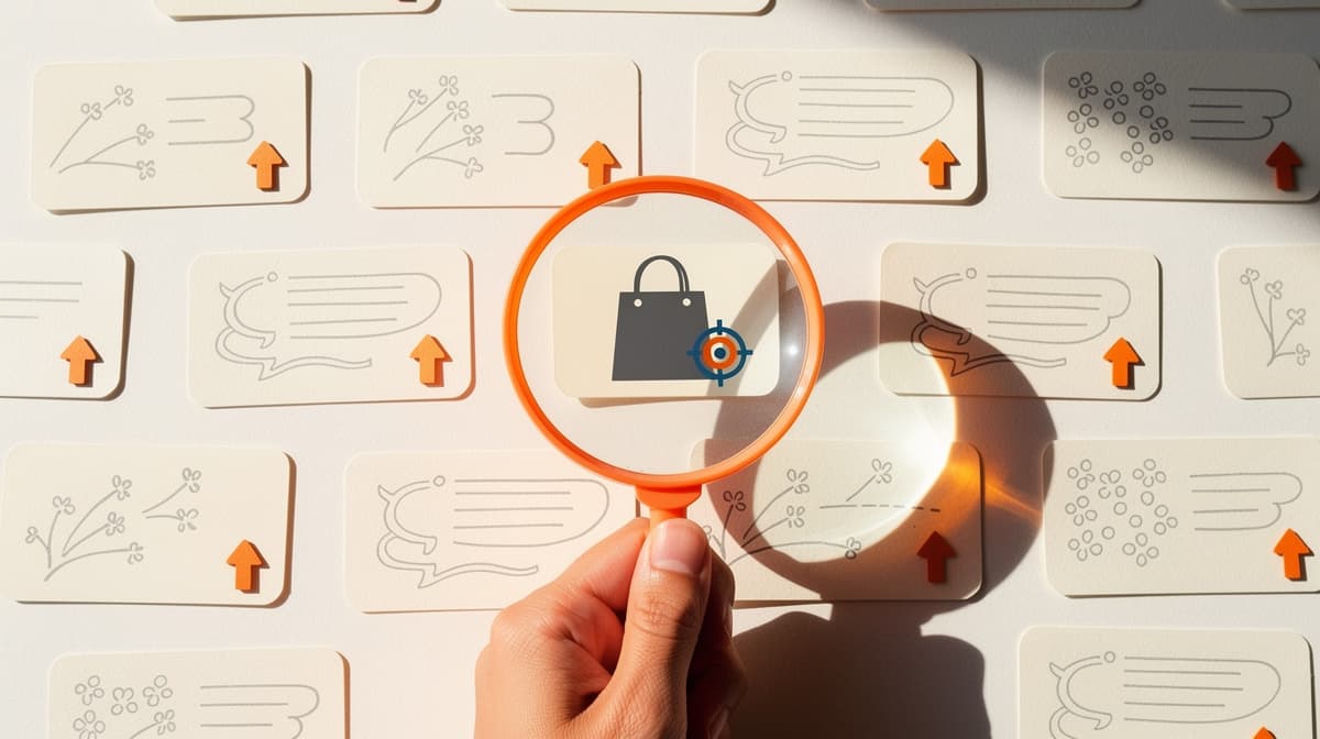 A hand uses an orange magnifying glass to isolate a buying signal among public discussion cards.