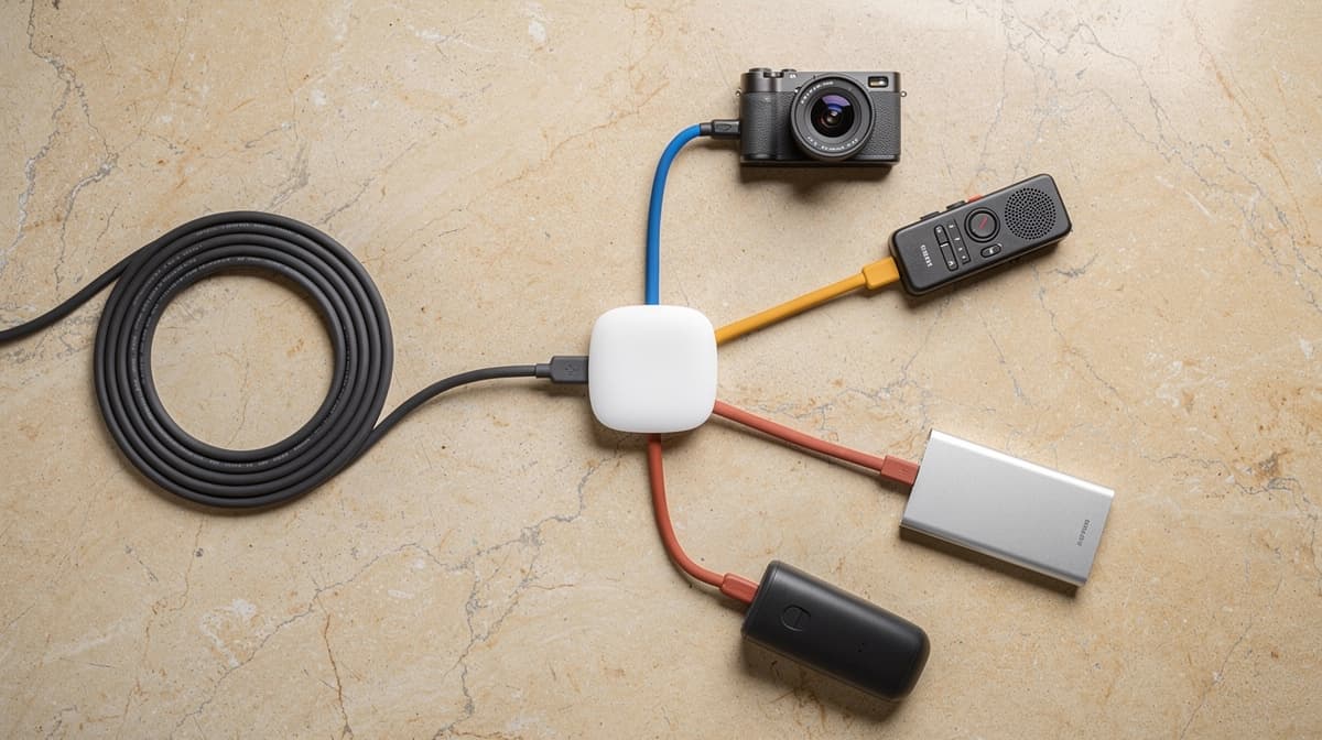 One central hub connects a single cable to a camera, audio recorder and two portable devices.
