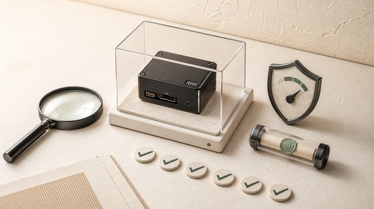 A protected server module is examined with a lens beside a shield gauge and sealed credential capsule.