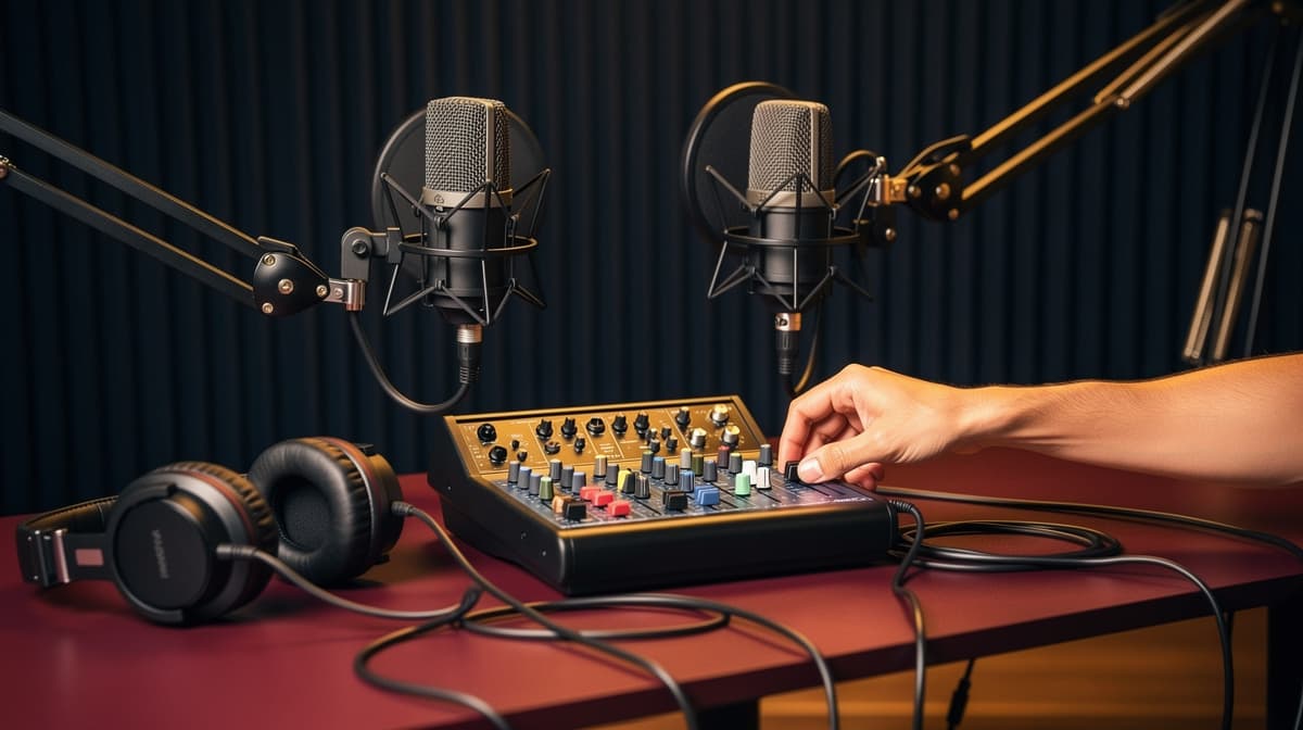 Two studio microphones, headphones and a mixing console are prepared for a podcast recording.
