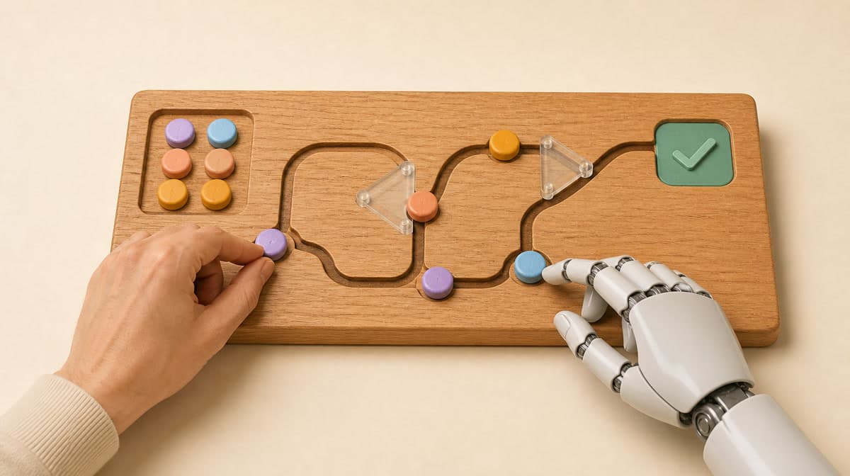 A person and an agent move pastel pieces along the same wooden game board towards a shared success tile.