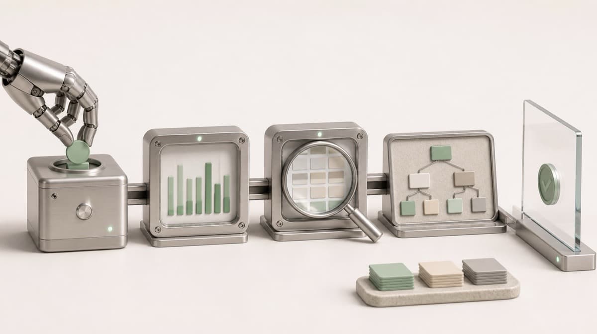 A robotic hand sends a green query token through search-demand, result-page and page-mapping research modules before a review gate.