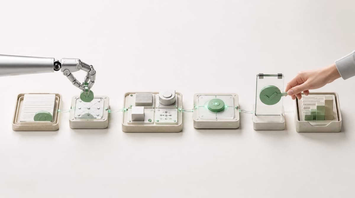 A robotic hand moves a green task token through a modular workflow with a human approval gate and finished result.