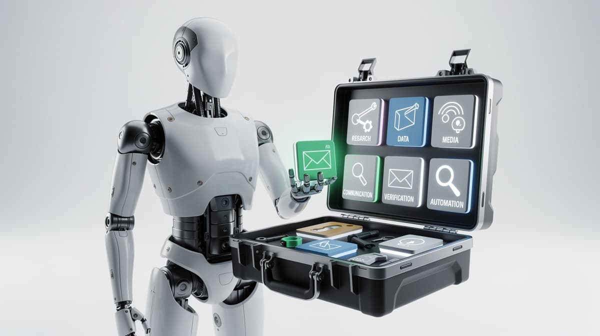 A faceless robotic agent selects a digital capability module from an open modular toolbox.
