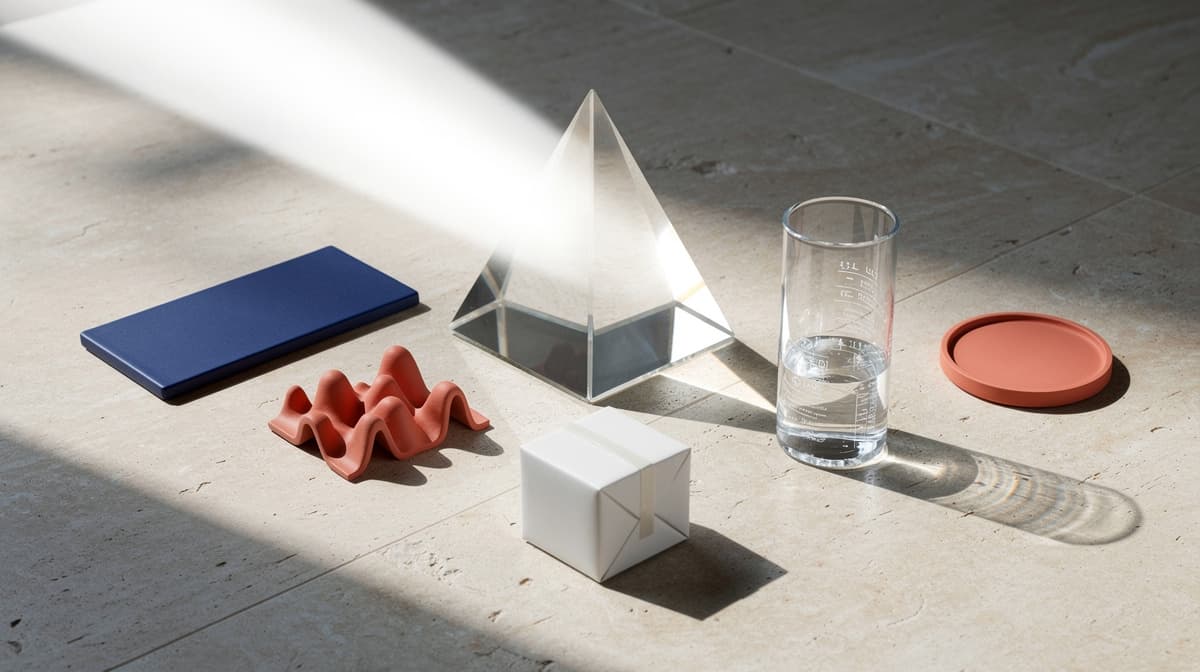 A glass prism sits among physical symbols for images, audio, parcels, data and measurement.