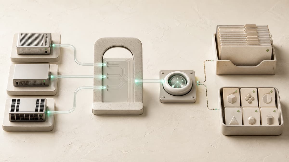Several server modules route through a central gateway toward a registry and managed catalog.