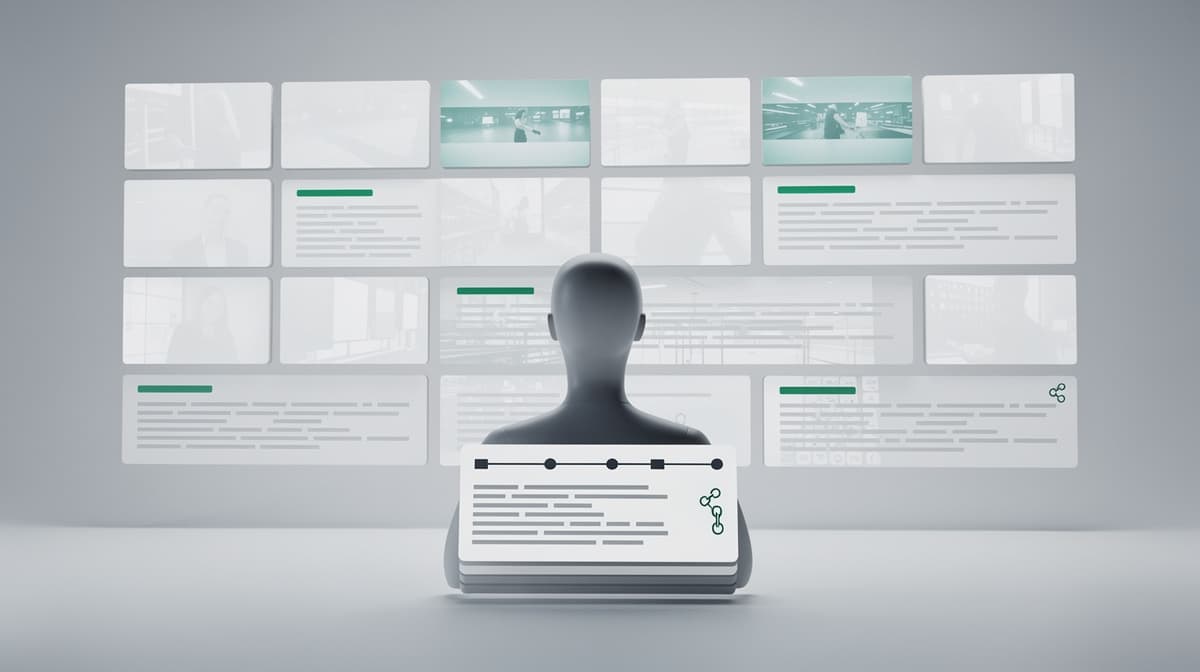 An agent reviews video frames and transcript evidence to assemble a sourced research brief.